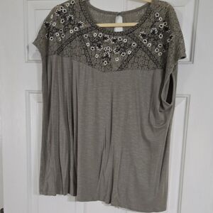 torrid Taupe Lace Yoke Floral Embroidered Top